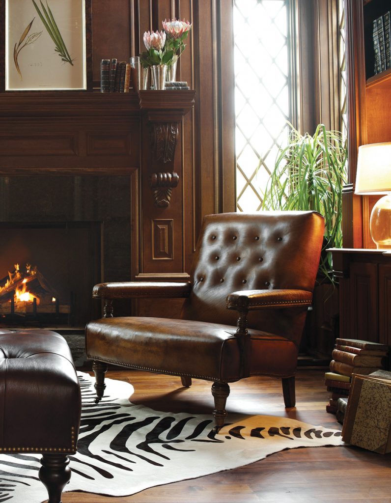 Fireplace Chair by Hancock & Moore is in the English Downton Abbey style